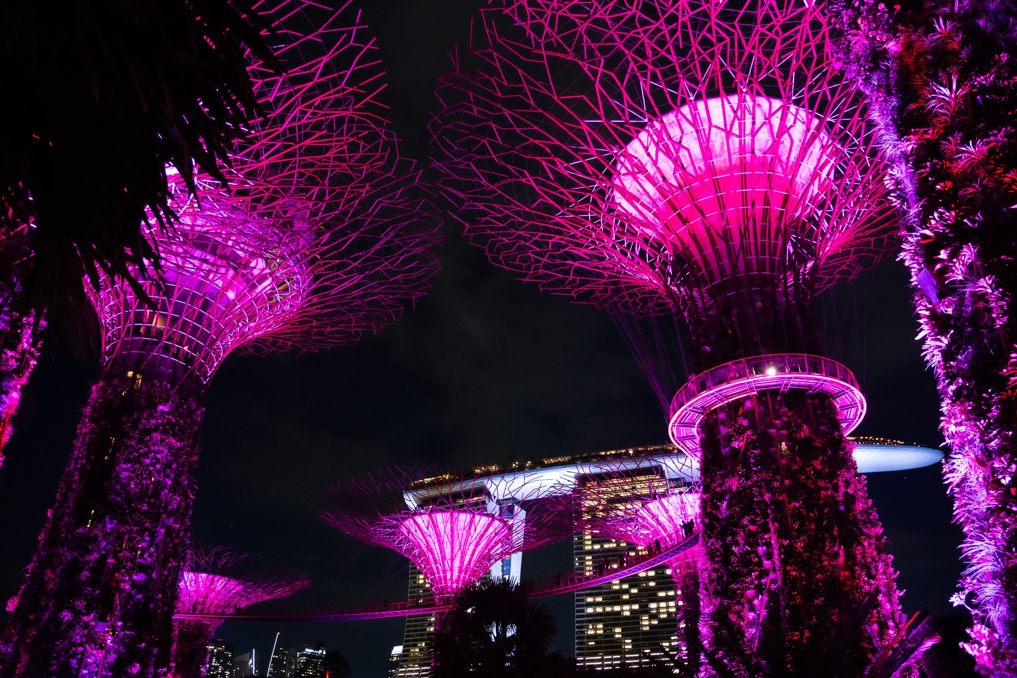 Neon pink futuristic city night installation