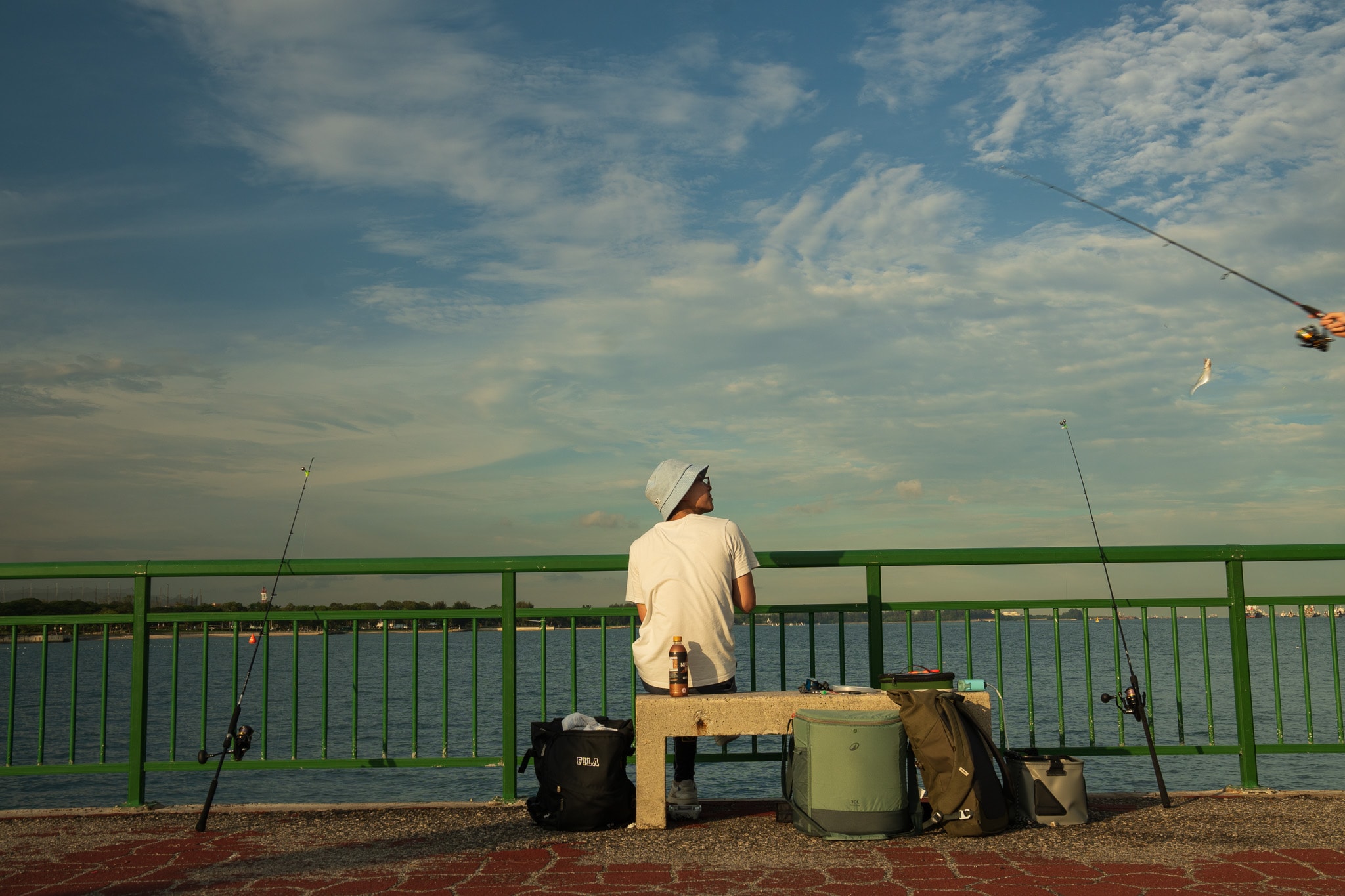 Man fishing from waterfront pier